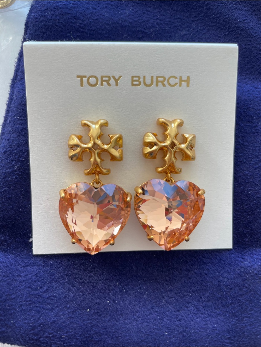 Tory Burch Gold Tone Earrings with Peach Heart Crystals